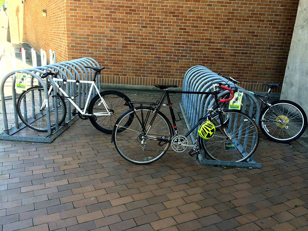 A shady corner with room for lots of bikes on busy school days