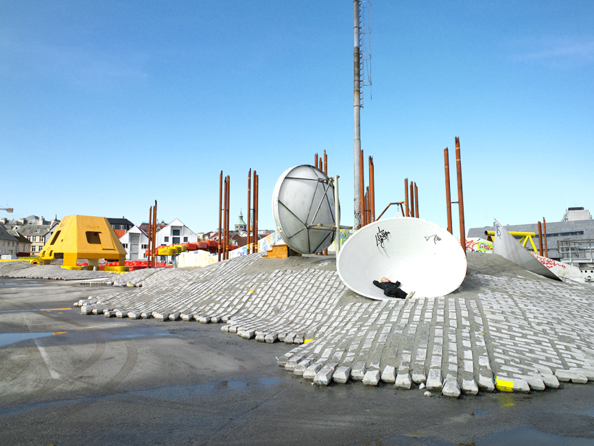 Chunky topography made with precast concrete units recycled as pavers