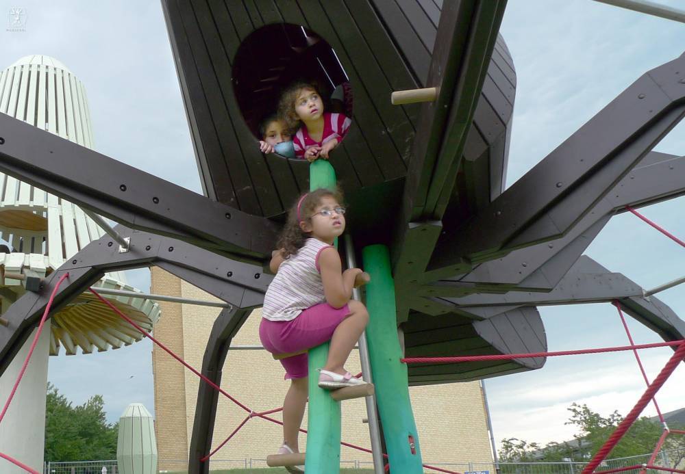 Climb up some "grass" to reach the interior of this spider play structure