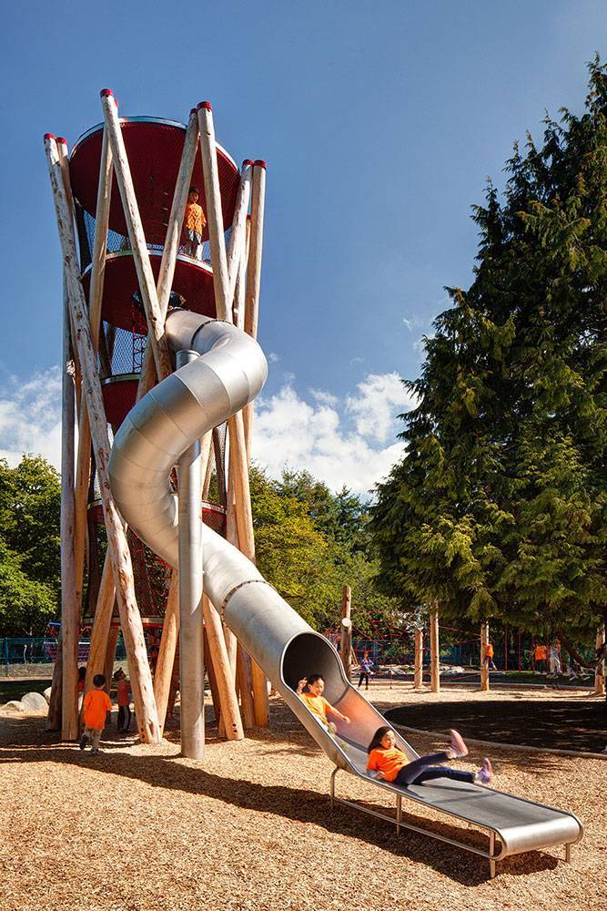 The reward for climbing this giant tower? An exciting ride down the large tube slide!