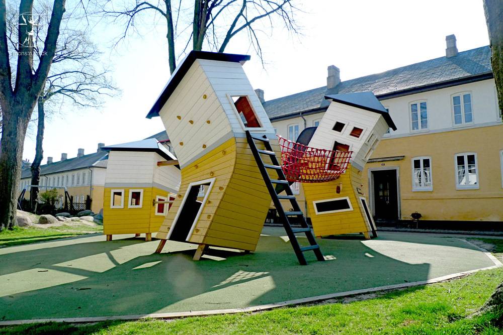 These topsy-turvy building structures have climbing holds mounted on the sides