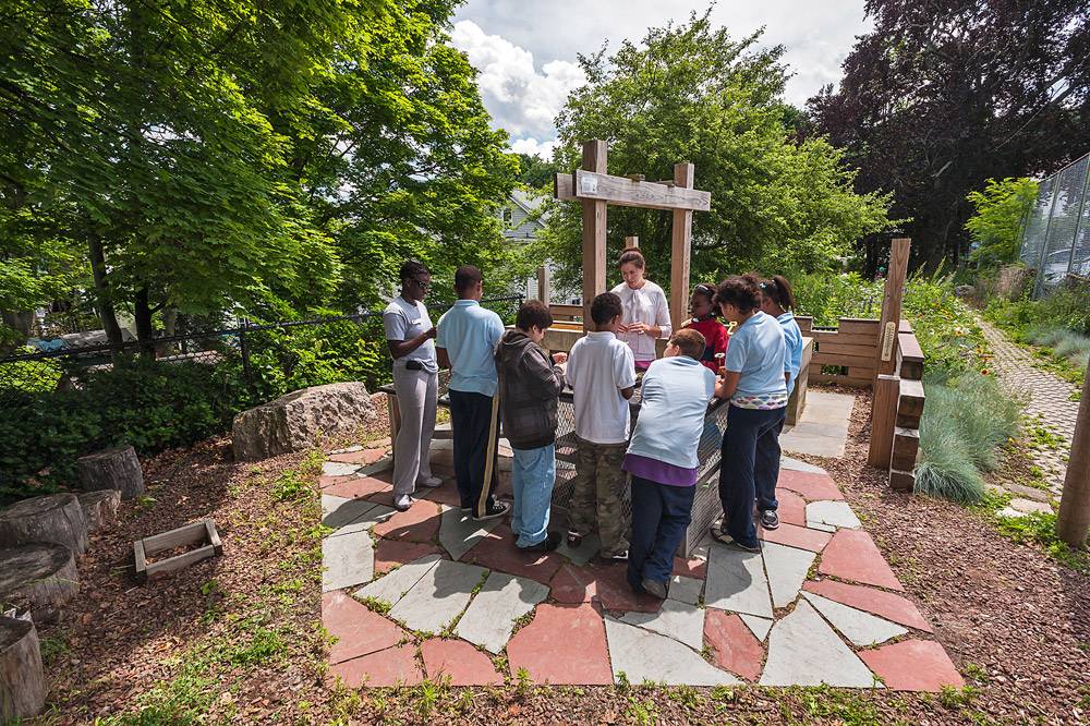 A square of flagstone pavers provides a place to stand in a group