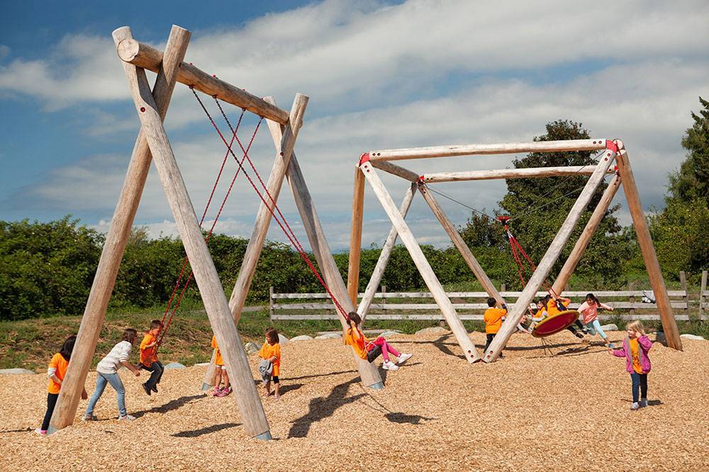 A group of children play together on a nest swing