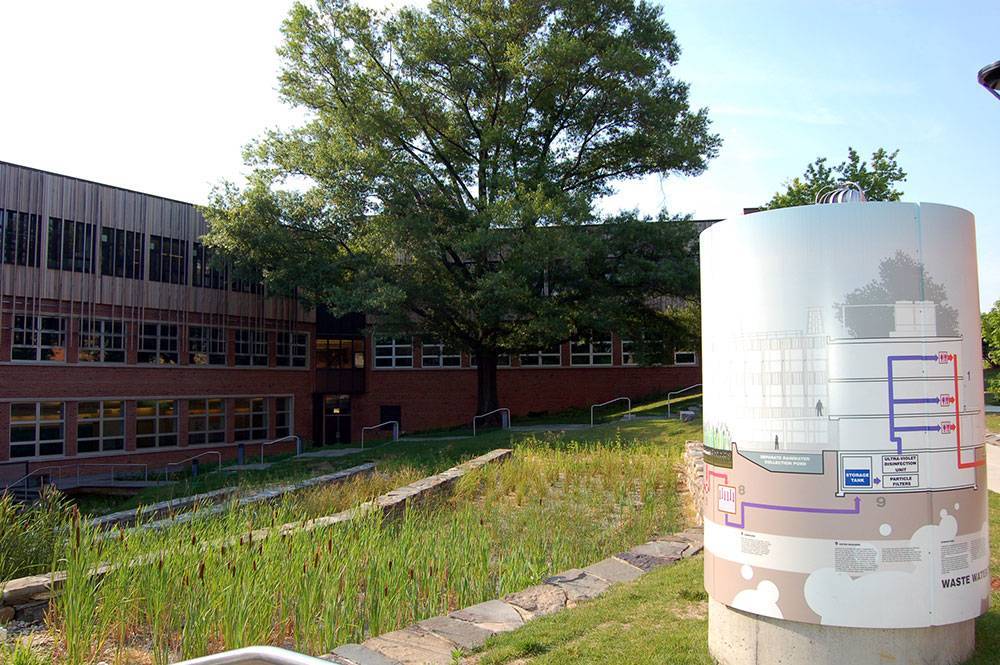 Cistern wrapped in educational vinyl signage
