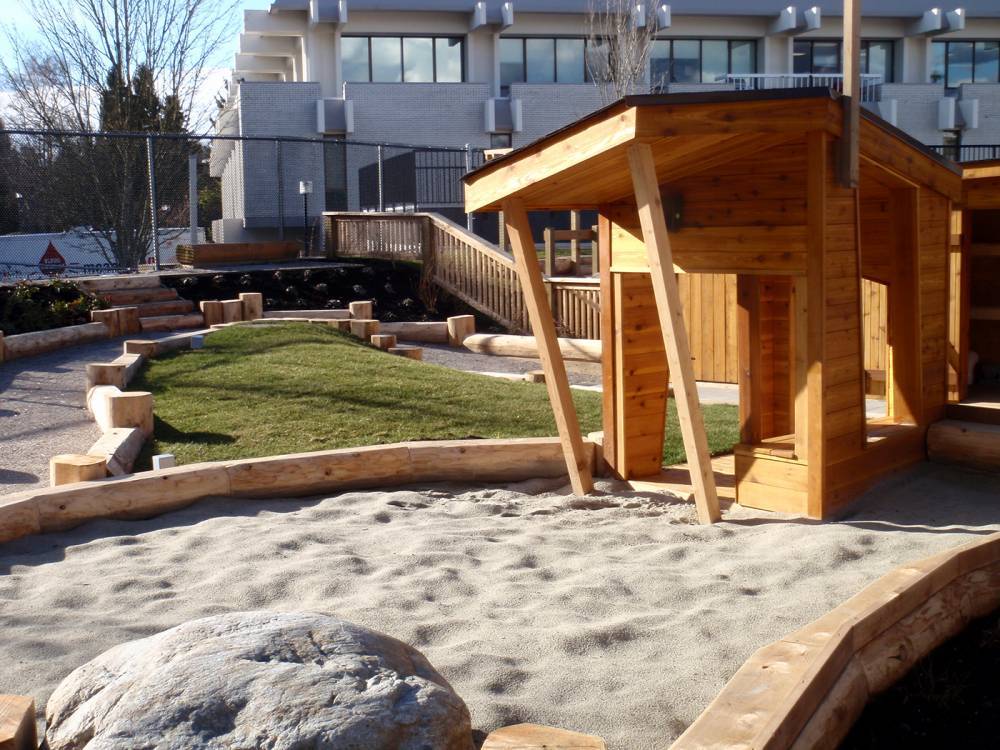 A sand play area beside a whimsical play house