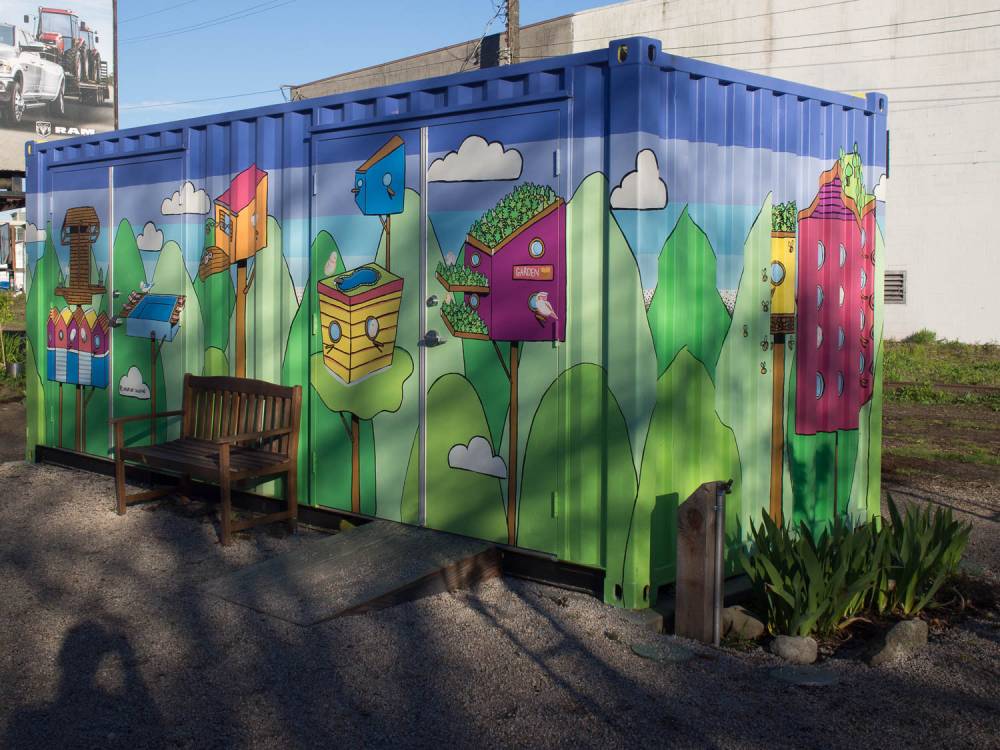 A painted shipping container makes for great storage