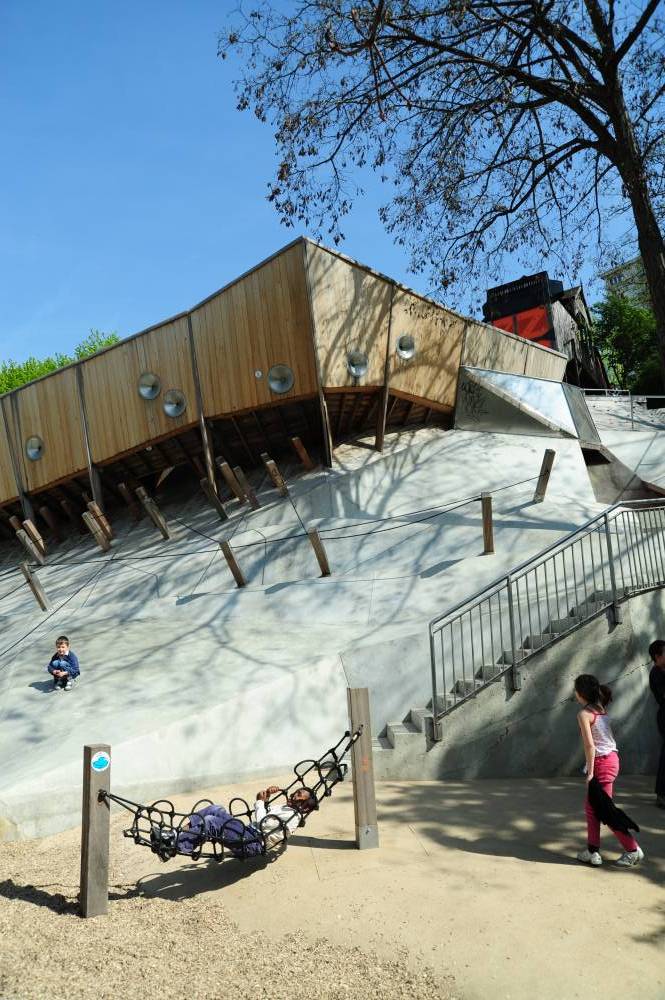 This whole playground navigates a steep slope using terracing