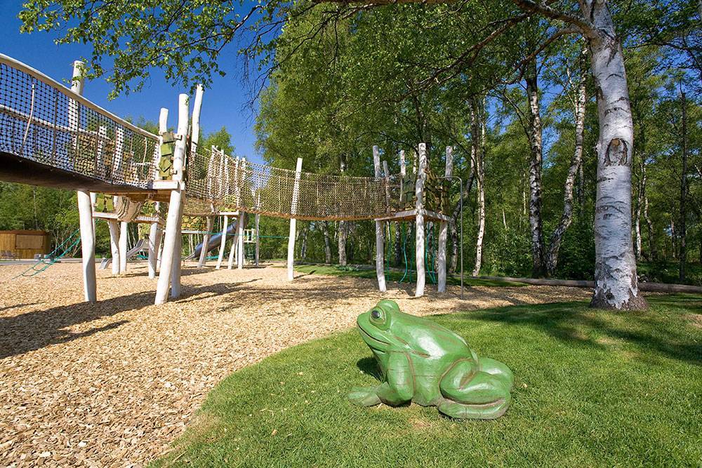 Peeled logs support net bridges at this play area