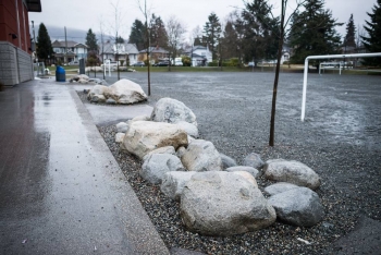 Small groups of boulders beside sports field at Ridgeway Elementary, North Vancouver