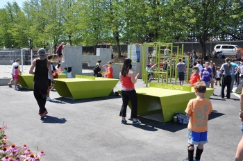 Playing outdoor ping pong at Plateau Sports Park, Vancouver