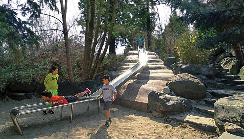 Designed for kids to slide, hide, and run around in nature.