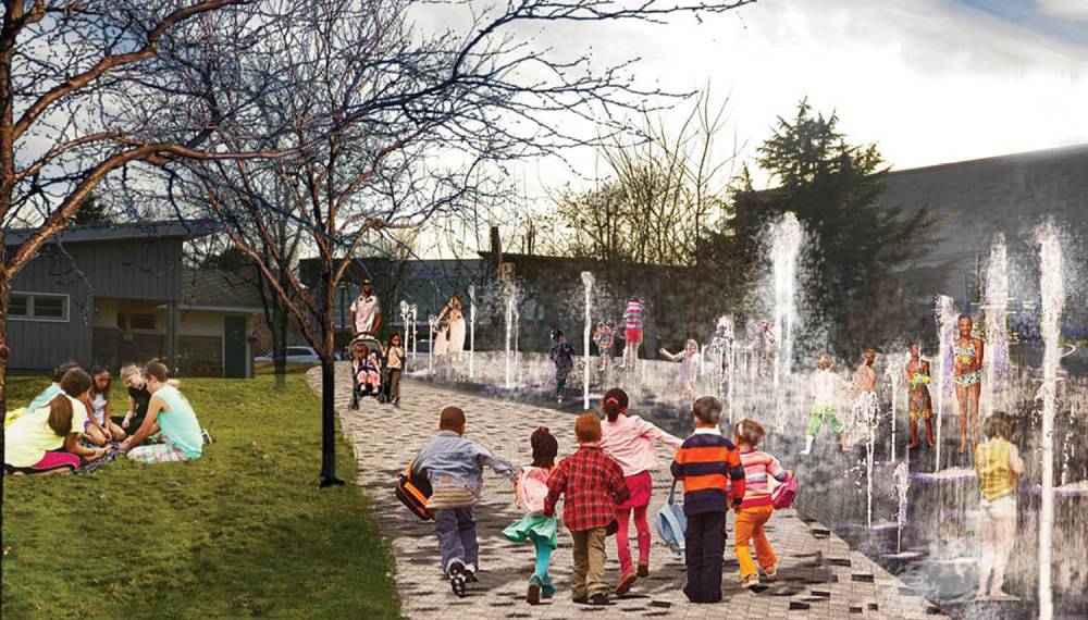 A water theme park, where kids can run around the spraying jet and play with other kids.