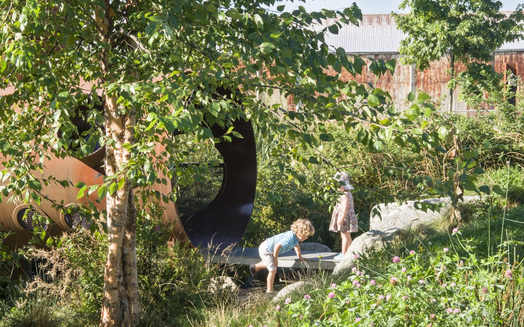 Kids play beside pipe, with native planting in foreground