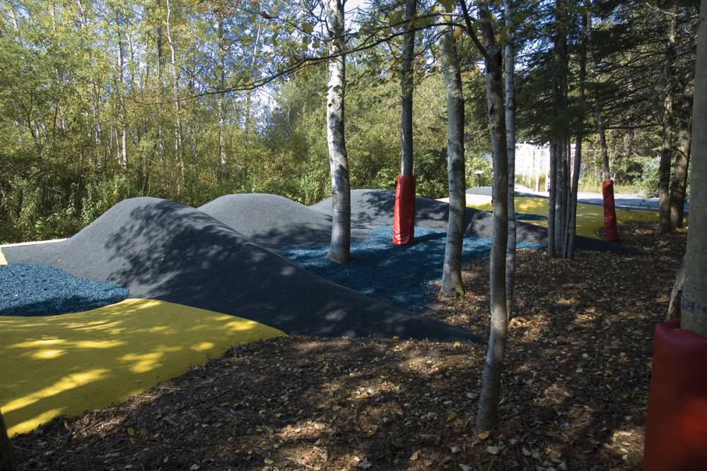 Loose rubber, poured rubber, and trees convene