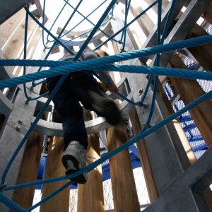 Climbing ropes inside a tower